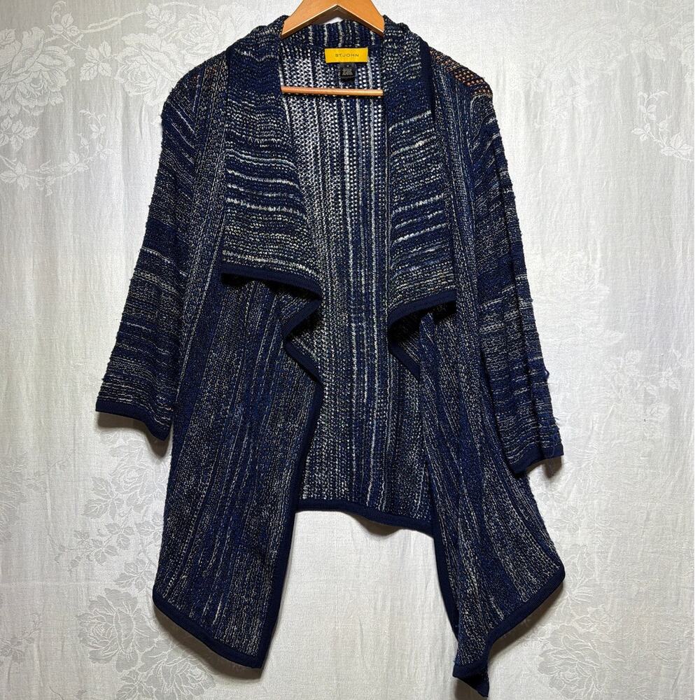 St John Cardigan Med Blue White Striped Open Knit Wool Blend FLAW Draped Collar